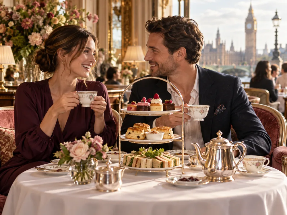 Couple enjoying food and drinks together