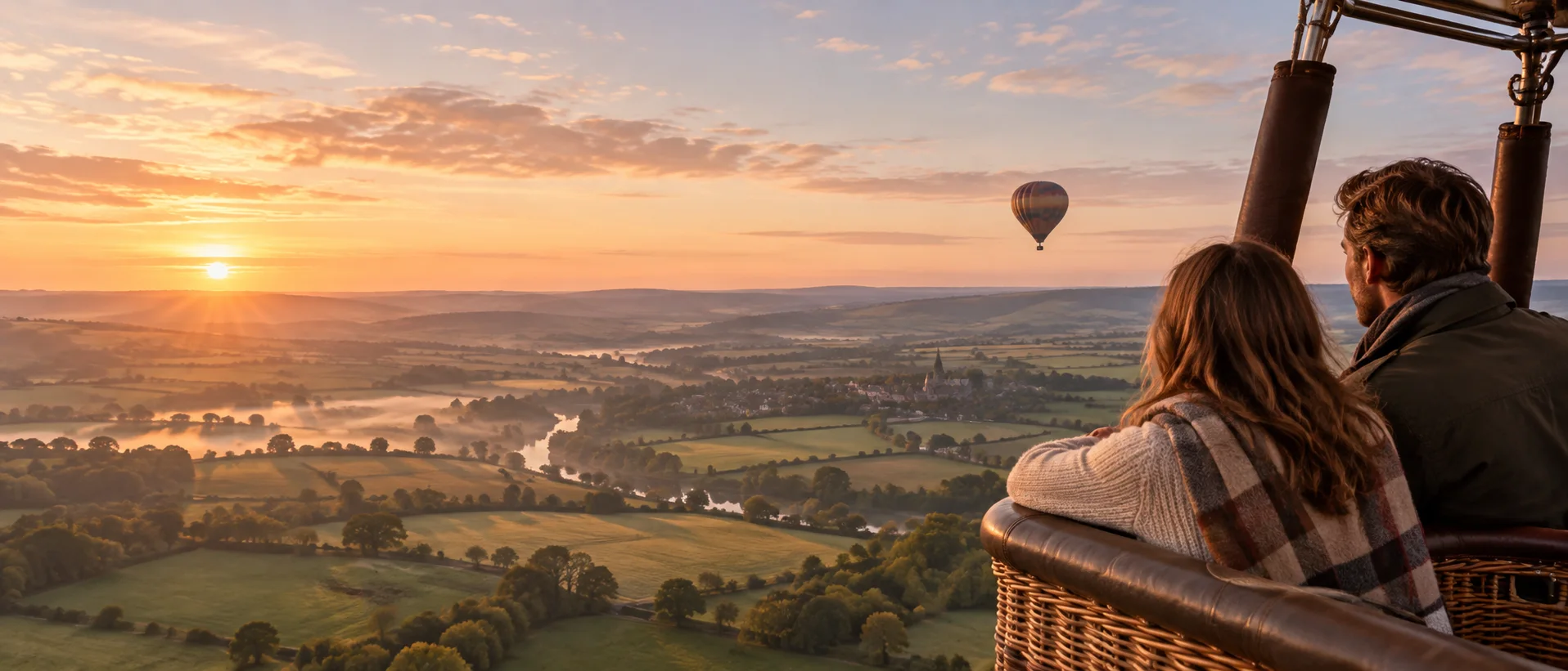 Couple looking across the English countryside from a hot-air balloon