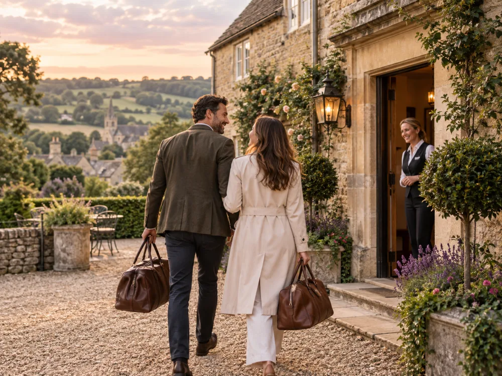 Couple arriving for a stay at a Cotswolds country inn