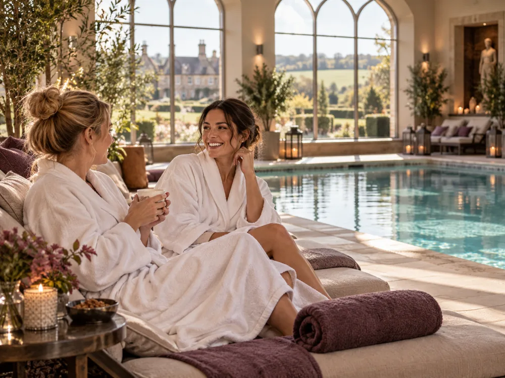 Light-filled country hotel spa beside an indoor pool