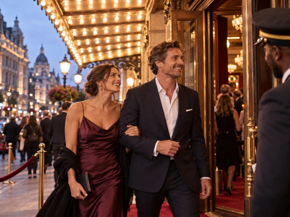 Couple arriving beneath the lights of a West End theatre